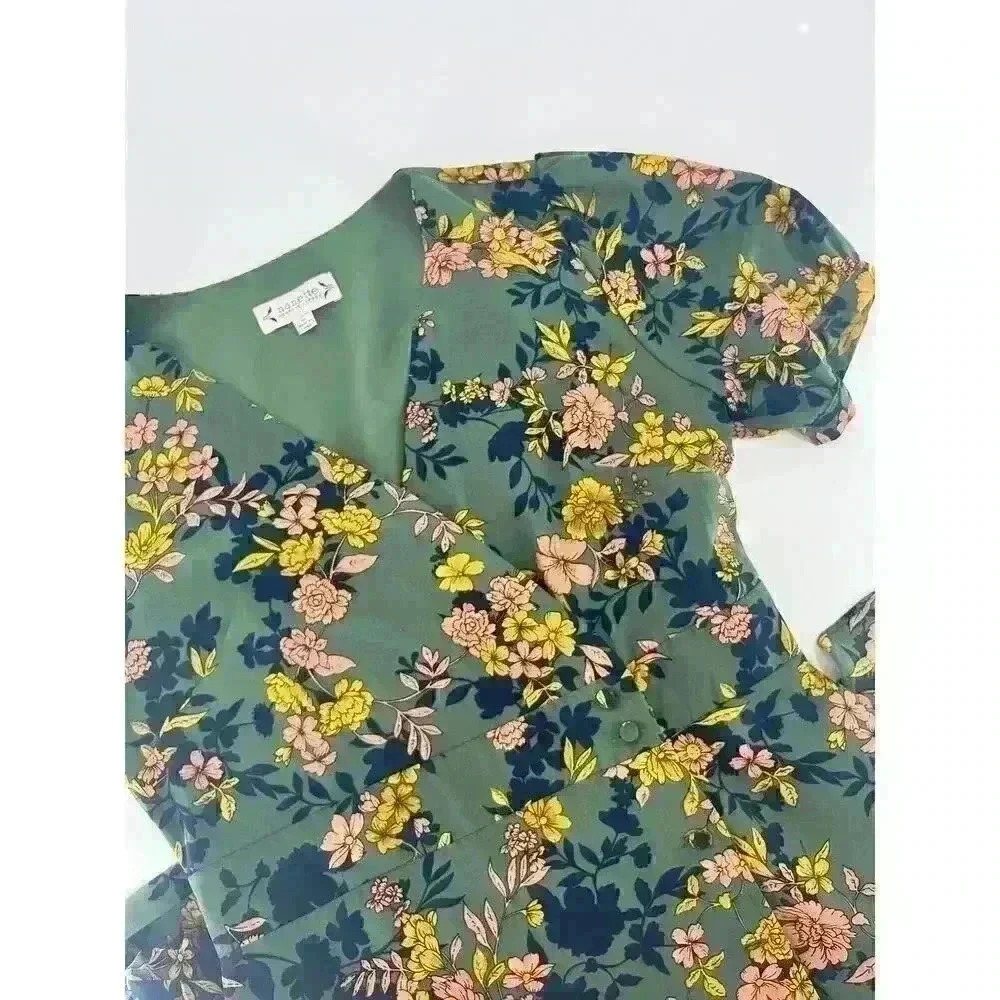 Nanette Lepore Womens Olive Floral Wrap Dress Green Yellow Pink Buttons Size 6